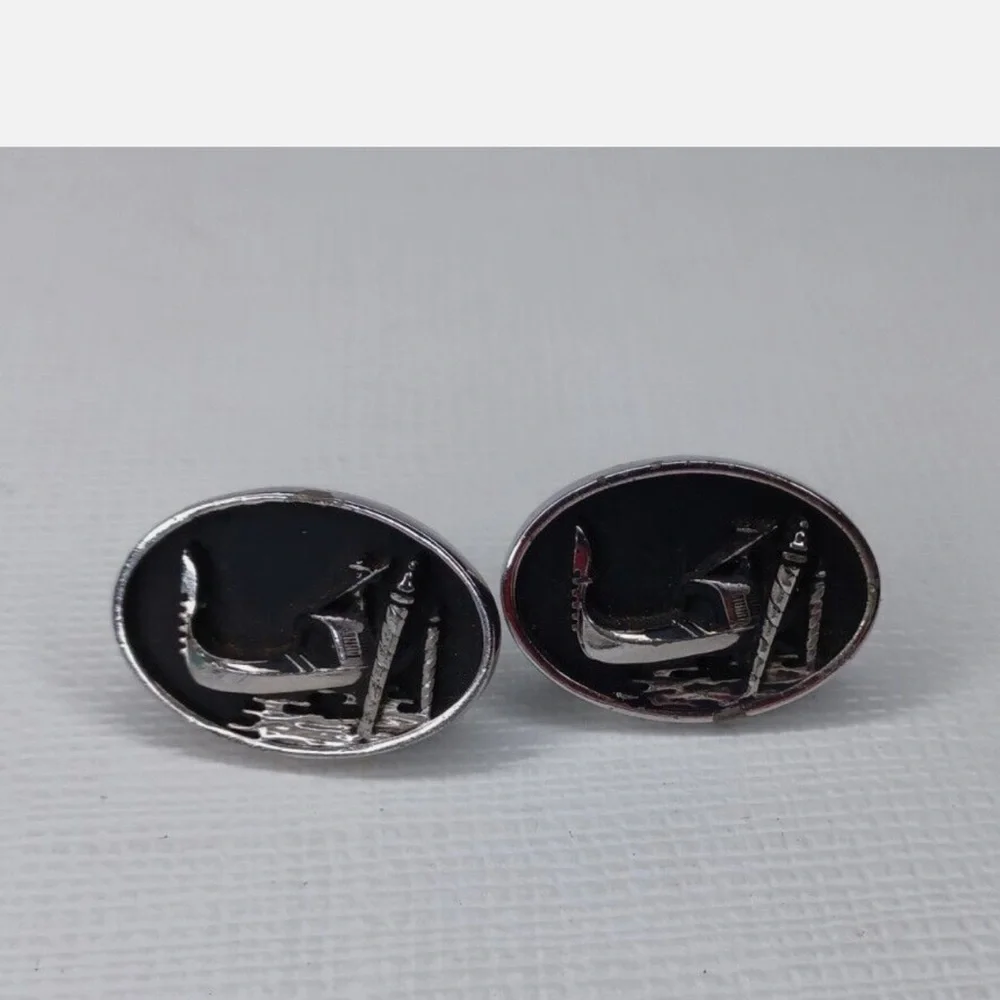 Vintage Gondola Cufflinks Mens Jewelry Silver Tone Cuff Links Elegant Bl…